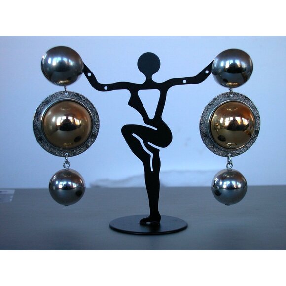 Vintage Brutalist Gold & Silver Tone Statement Necklace & Clip-On Earrings Set 1 - Picture 6 of 14